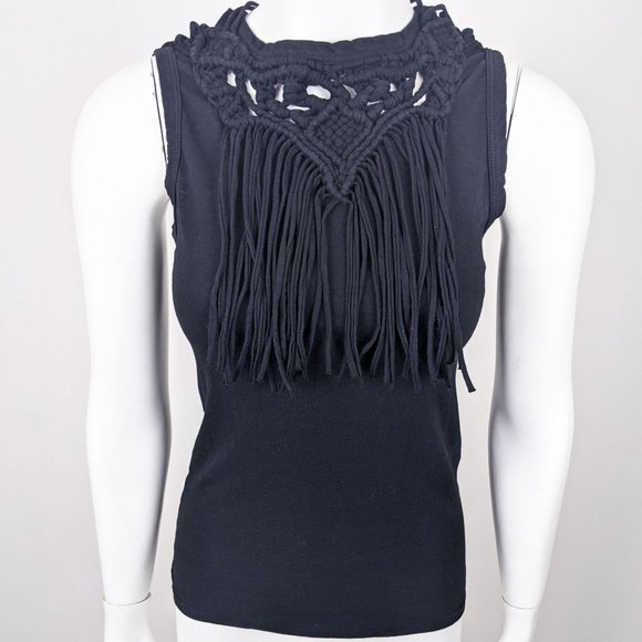 Pam & Gela Fringe Tank Top XS Black Crew Neck - Picture 1 of 9